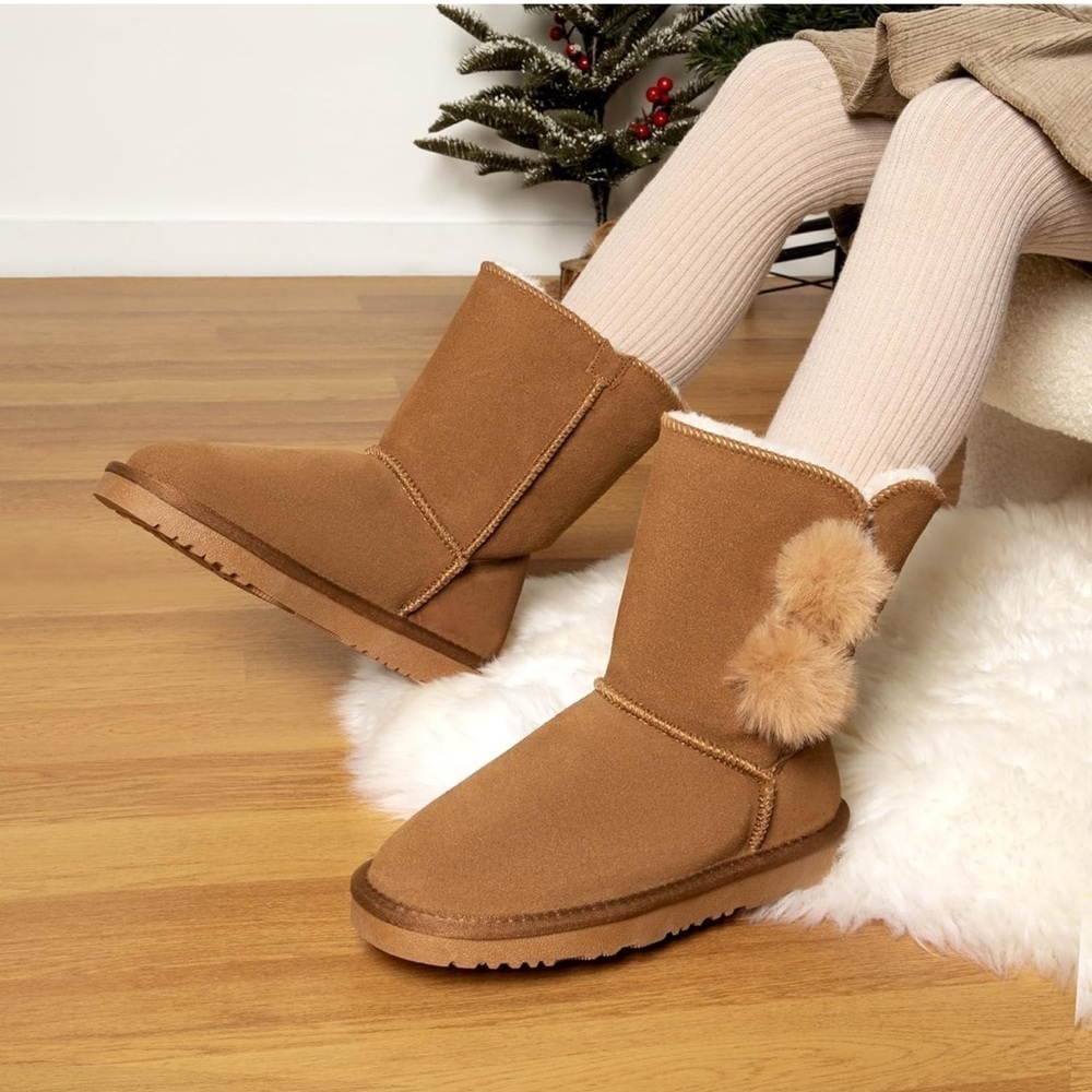 DREAM PAIRS Girls Boots Winter Snow Suede Mid Calf Boots Faux Fur Lined Fuzzy 12